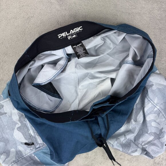 Pelagic High Performance Board Shorts Cargo Pocket Blue Camo Stretch Swim Trunks - Picture 5 of 11